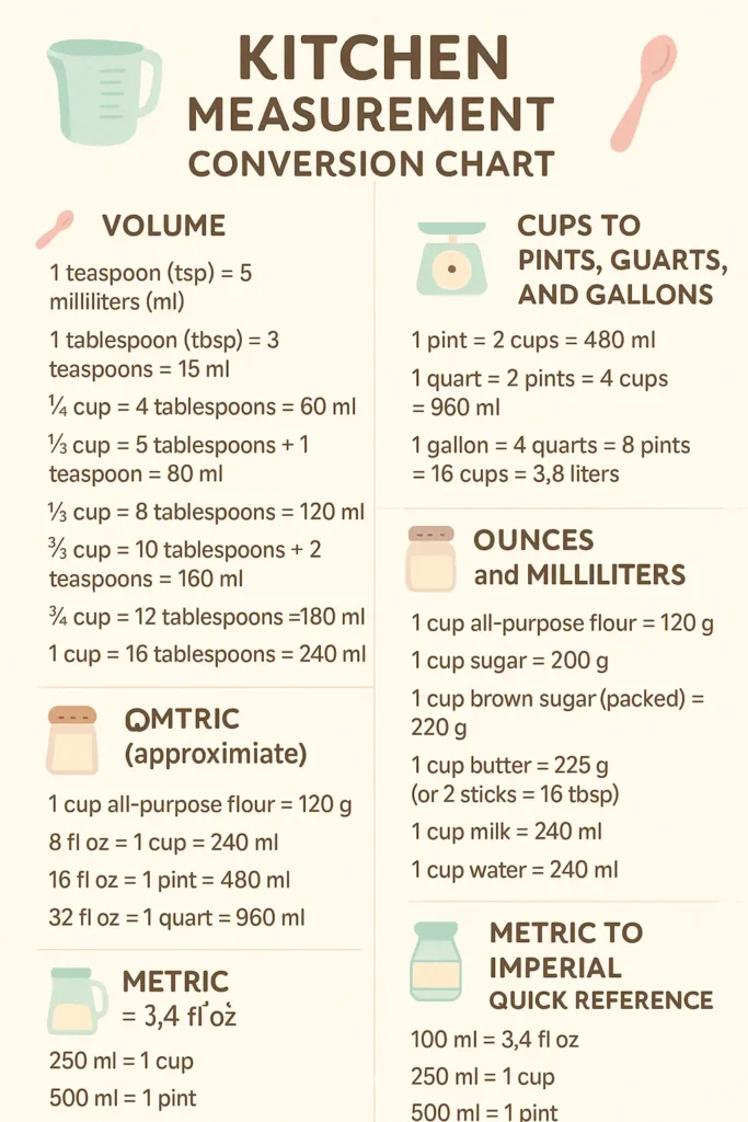 Kitchen measurement conversion chart– cups to grams and ml guide by CakeInspire.com”